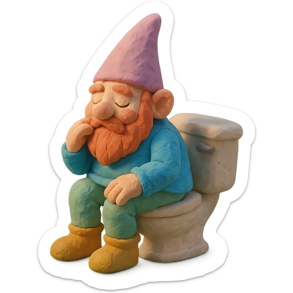 claymation style gnome sitting on a toilet, magical atmosphere, pastel colors sticker