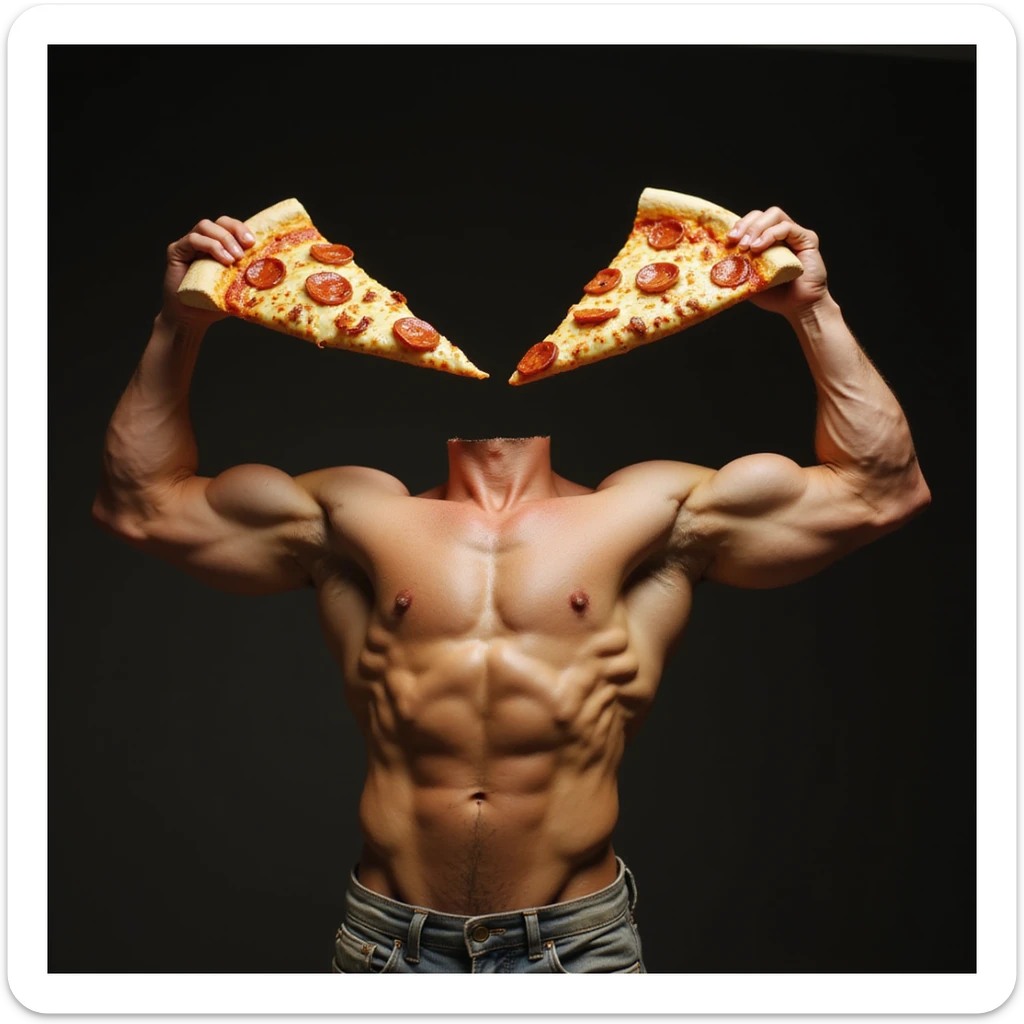 slice of pizza with exaggerated biceps, photorealistic, dramatic lighting sticker