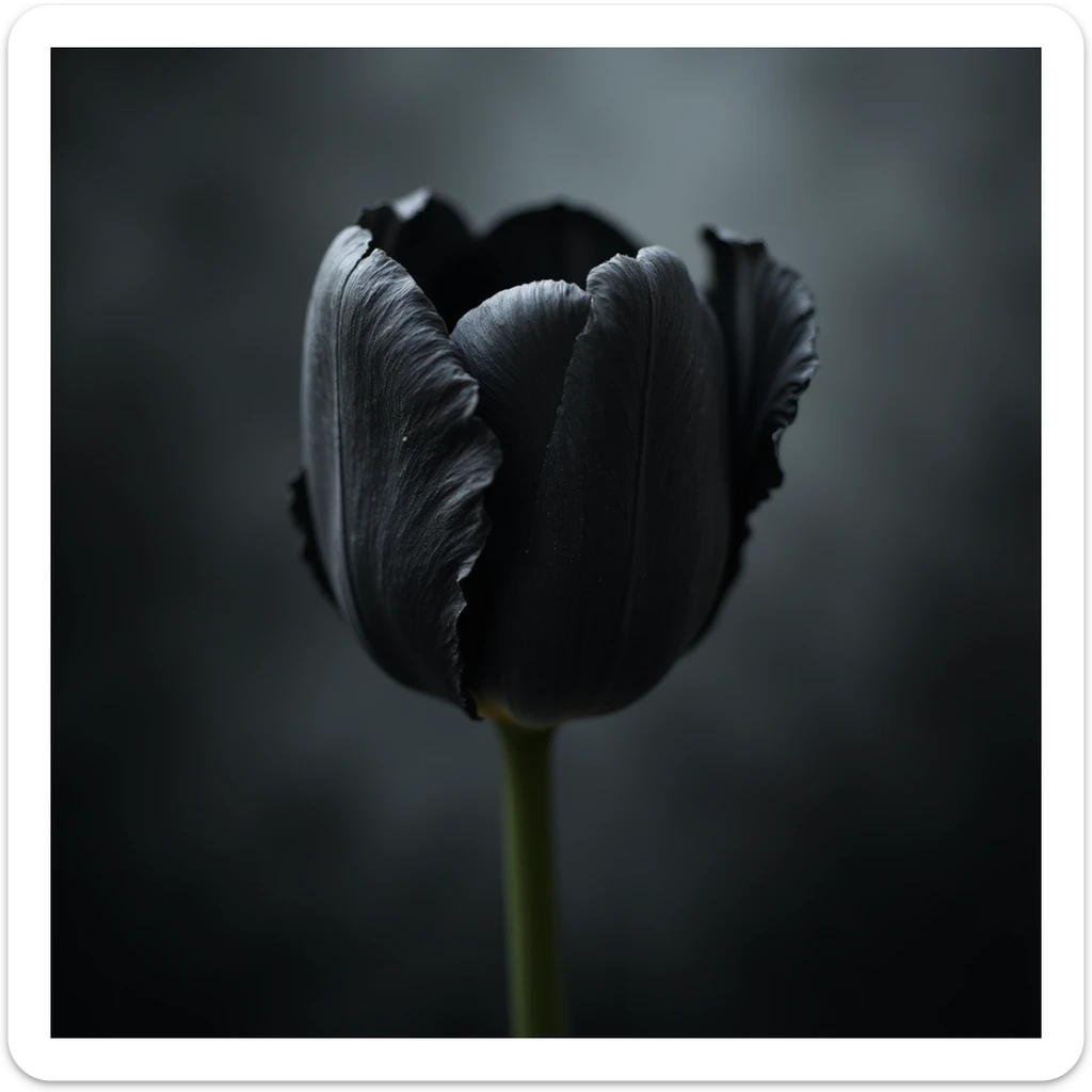 realistic goth tulip with black petals and dark misty background, photorealistic style sticker