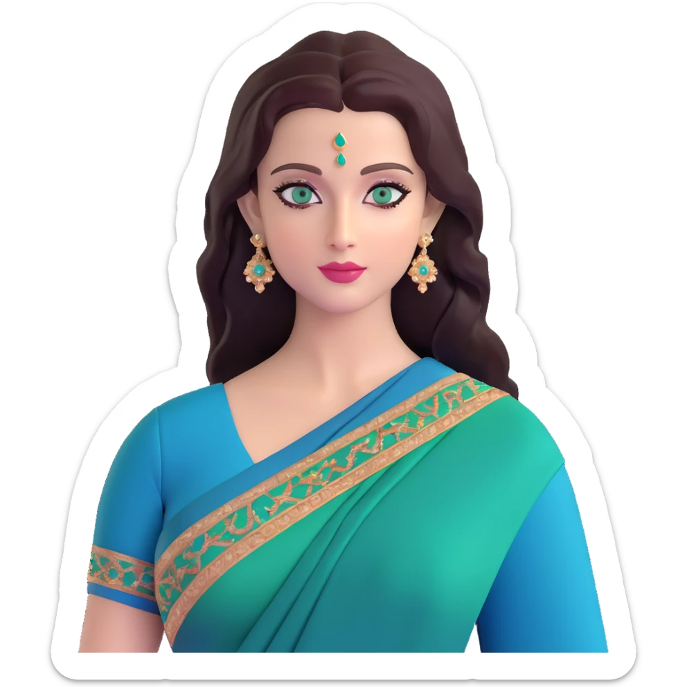 Aishwarya Rai in an elegant saree, traditional Indian look, blue-green eyes sticker