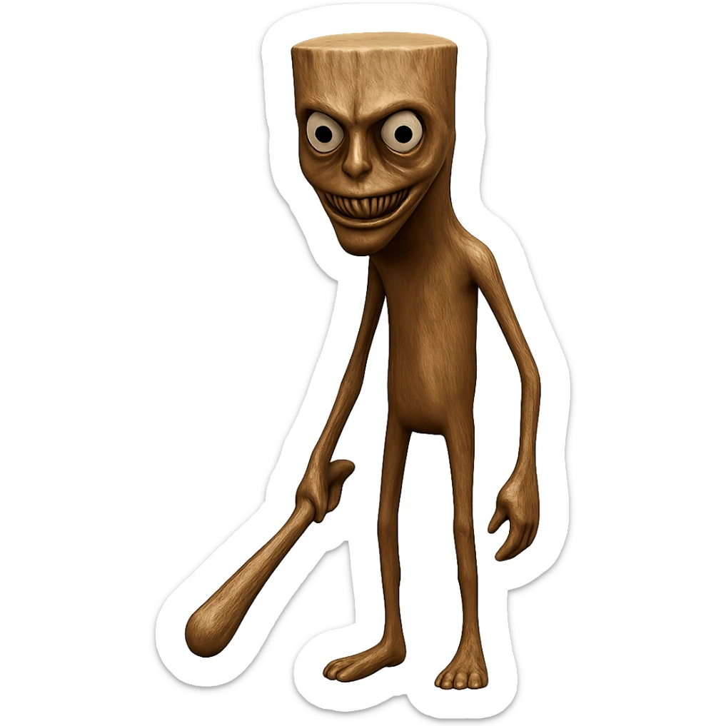 Make the stump character skinnier and taller, and make the face more creepy like the original image. Keep the transparent background and maintain a high-fidelity style. sticker