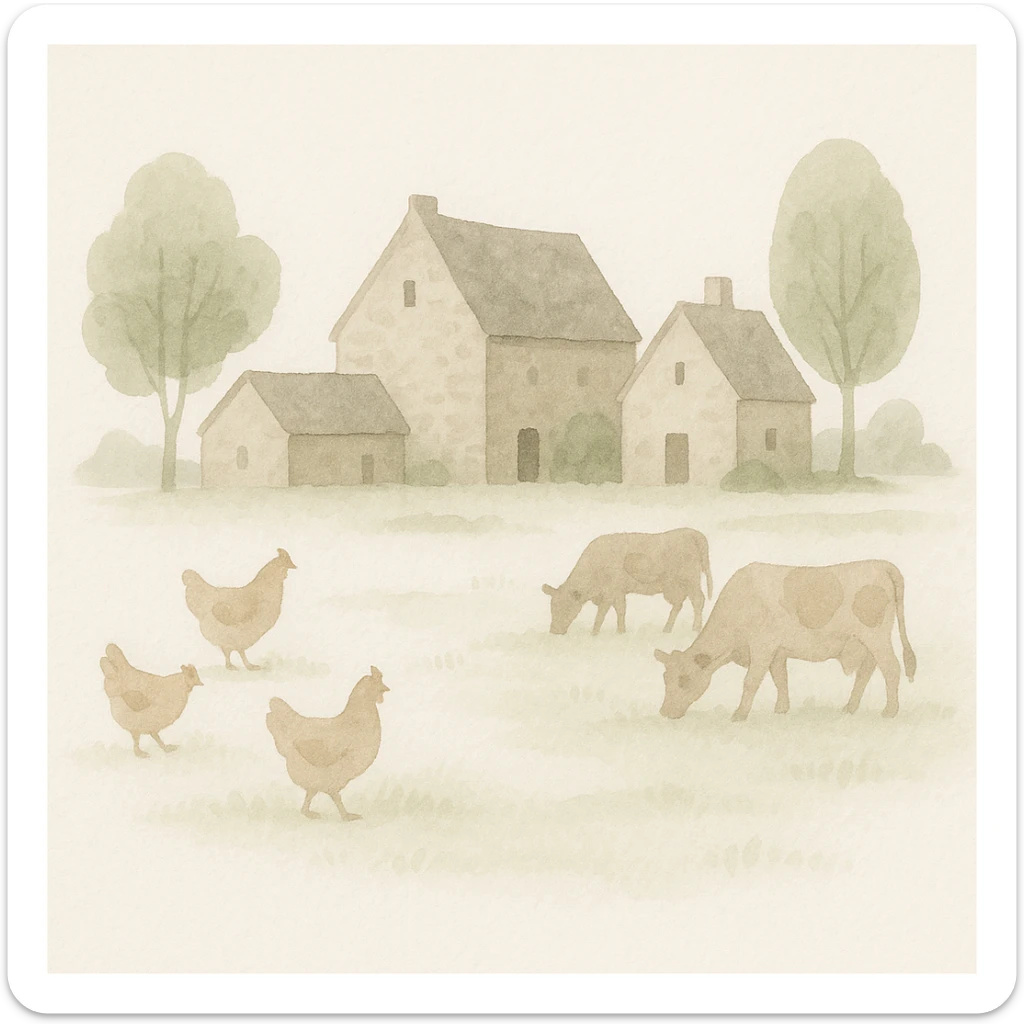 medieval farm watercolor style, stone houses, chickens and cows, trees and pasture, bucolic mood sticker