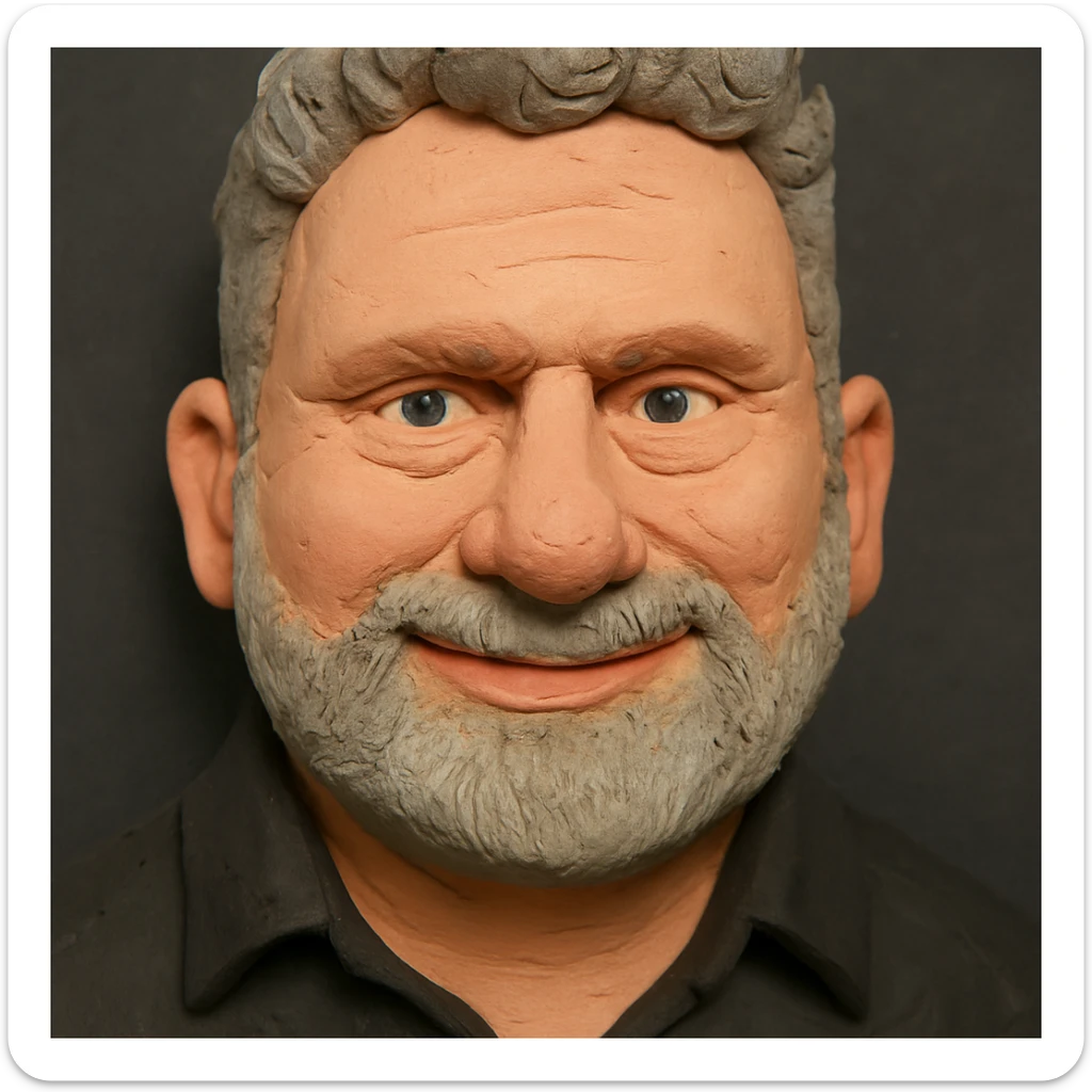 Claymation portrait of the user's face with an even larger forehead, friendly and confident facial expression, background in anthracite color, slightly different perspective. sticker