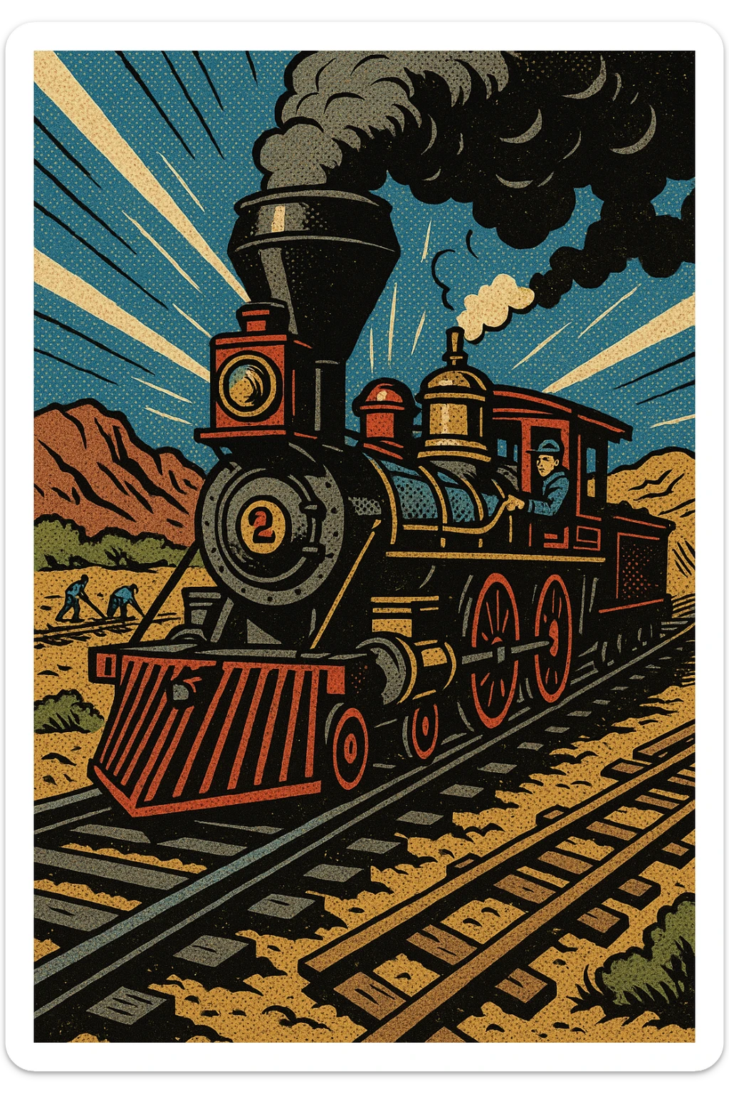 A steam train engine on the Transcontinental Railroad in the American West in the 1860s with the railroad tracks being built in the background sticker