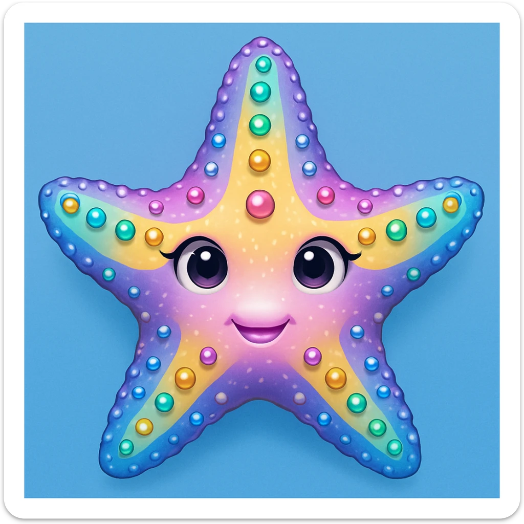 Add a soft blue background behind the apple emoji style rainbow pastel sea star with gems, keep the emoji style and all details. The style should resemble the original apple emoji style with rainbow pastel colors and gem details. sticker