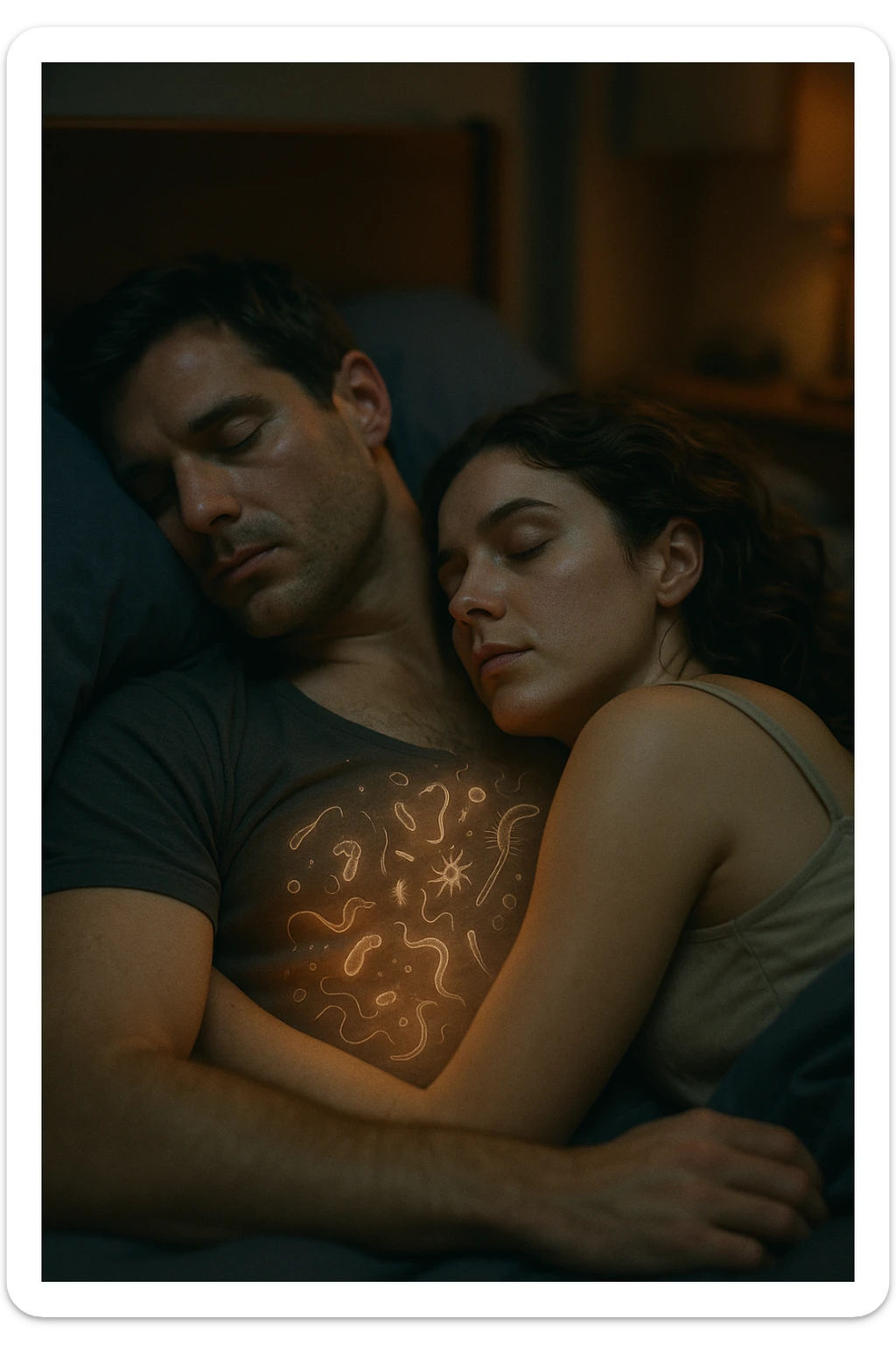 A hyper-realistic, cinematic image of a man and a woman sleeping together in the same bed under soft, dim night lighting, with their bodies close and touching. Their skin appears slightly illuminated where it touches, and under a subtle x-ray style overlay, faint ghostly silhouettes of microscopic parasites and worm-like organisms are visible crawling transdermally between their bodies, symbolizing silent, unnoticed parasite transmission during sleep. The environment is a cozy bedroom with warm tones, but the presence of the glowing parasites creates a slightly unsettling feeling, emphasizing the hidden danger. Their faces are calm, unaware, symbolizing the unconscious nature of the transmission. The image is detailed with a 35mm film hyperrealistic aesthetic, focusing sharply on the point of contact between their skin where the parasites pass, while the background remains softly blurred. The color palette uses muted warm browns and soft moonlight blues to maintain a nighttime, intimate feeling, contrasting with the translucent, glowing parasites to illustrate the hidden risk of transdermal parasite transmission while sharing a bed sticker
