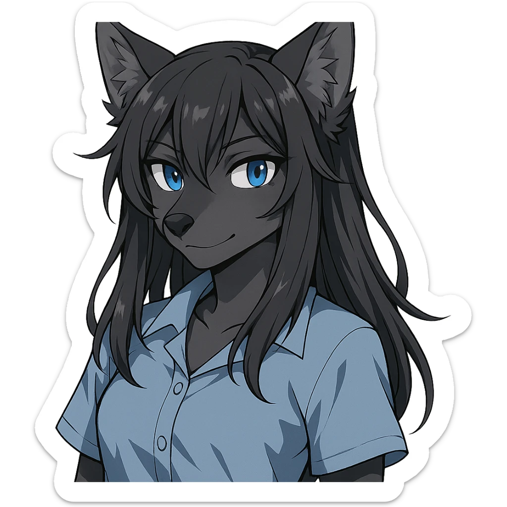anime style wolf furry character with blue eyes, long black hair, wearing a light blue shirt sticker