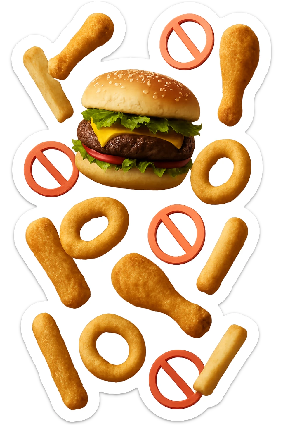 cibi fritti cadono verticalmente dall'alto con piccoli divieti in 3d, iperrealistico 4k sticker