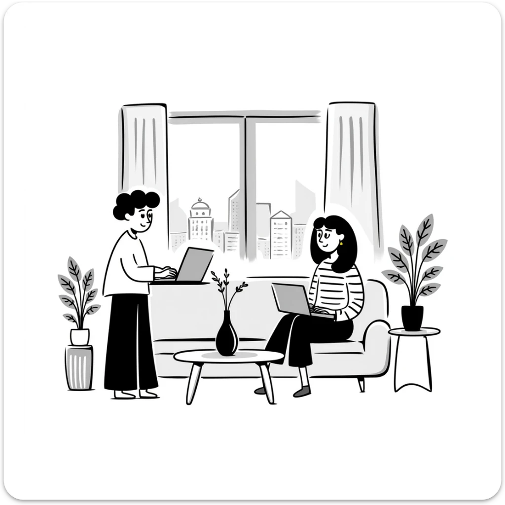 escenary 3d of a cozy mid-century living room with two people working on laptops, one man standing at a desk and one woman sitting on a couch sticker