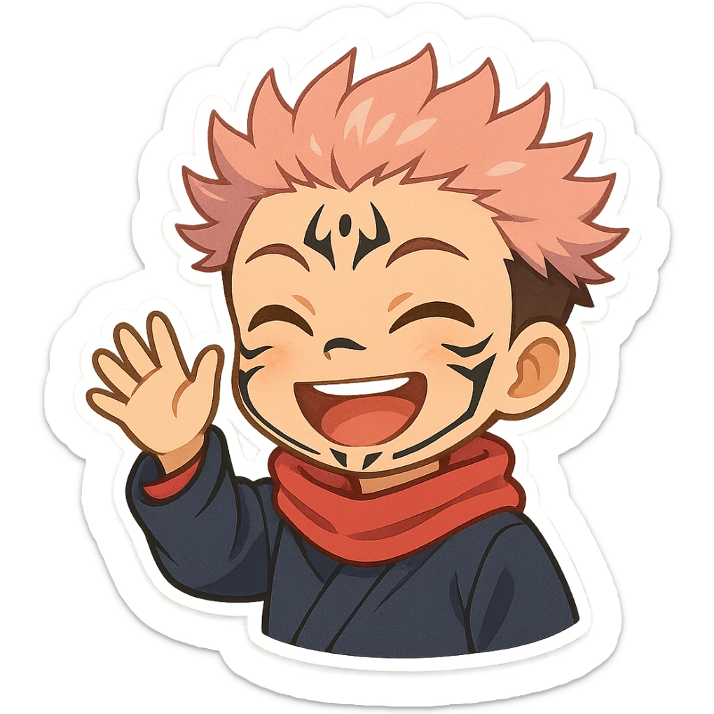 Sukuna in chibi style, waving hand, cheerful, anime-inspired, vibrant colors sticker