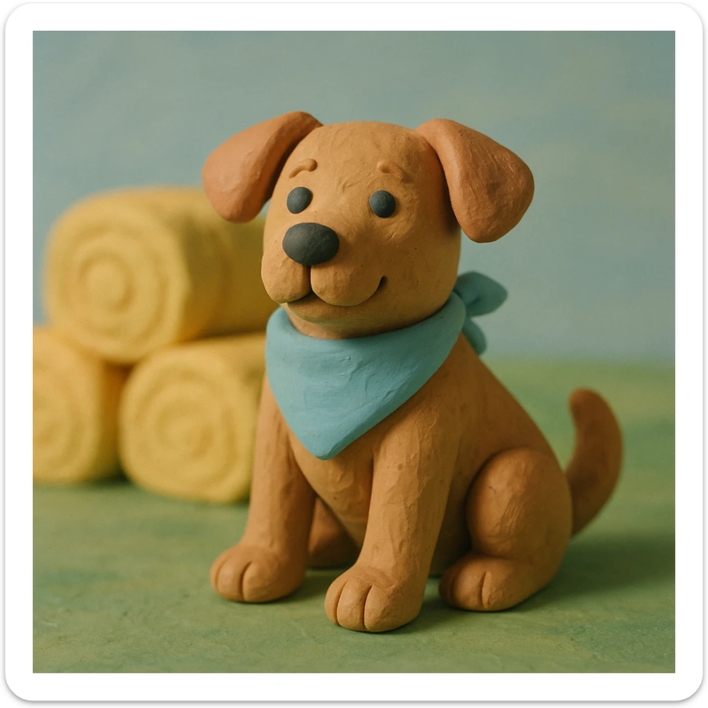 friendly farm dog with a bandana, hay bales in background, soft pastel colors, claymation style sticker