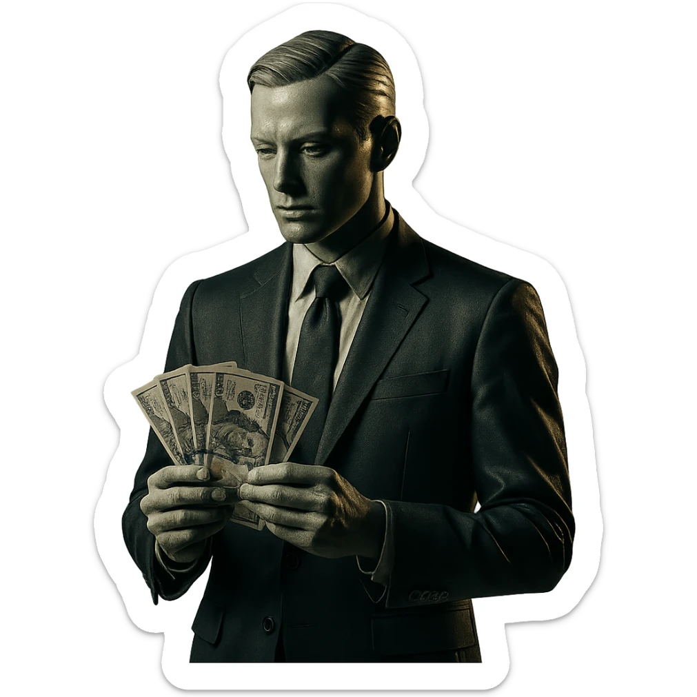 business man with money in his hands cinematic mannequin style sticker