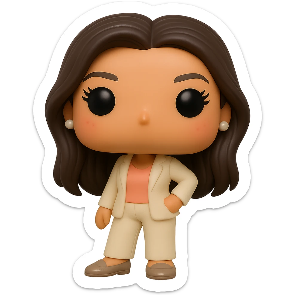 Eva Longoria as a Funko Pop style vinyl figure with superior quality, luminous smooth tanned skin, detailed dark hair, textured cream blazer, peach top, cream bottoms, small pearly earrings, greige leather loafers clearly visible, cool pose, rosy cheeks, very discreet freckles, eyelashes, mischievous and cheerful expression, no mouth, transparent background. sticker