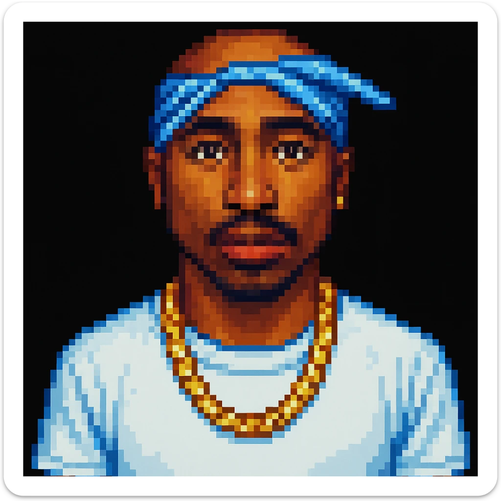 2Pac in the style of pixel art, front view, with a gold chain sticker
