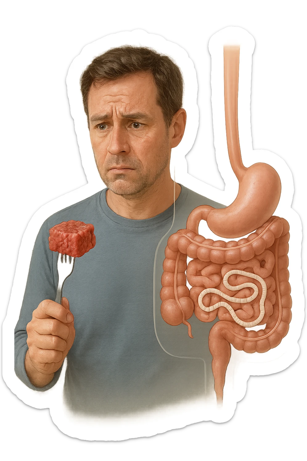 A realistic, high-quality medical illustration showing a concerned man in his early 40s holding a piece of raw beef tartare on a fork, looking at it with a worried expression. Behind him, a transparent overlay of his digestive system reveals the presence of Taenia saginata (beef tapeworm), depicted as a long, segmented white worm inside his intestines, symbolizing the infection. The environment is a kitchen with bright but neutral lighting, creating a serious educational tone. Subtle anatomical highlights and clean medical graphics convey the concept of parasite transmission through undercooked beef, emphasizing food safety and health awareness. sticker