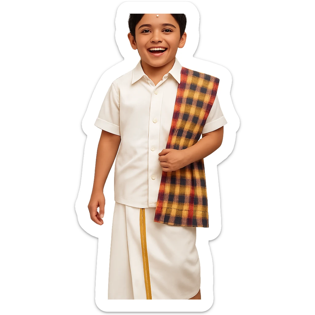 A Tamil boy in traditional attire: white dhoti, shirt, and a checked angavastram, barefoot, with a joyful expression, ready for a cultural celebration. sticker
