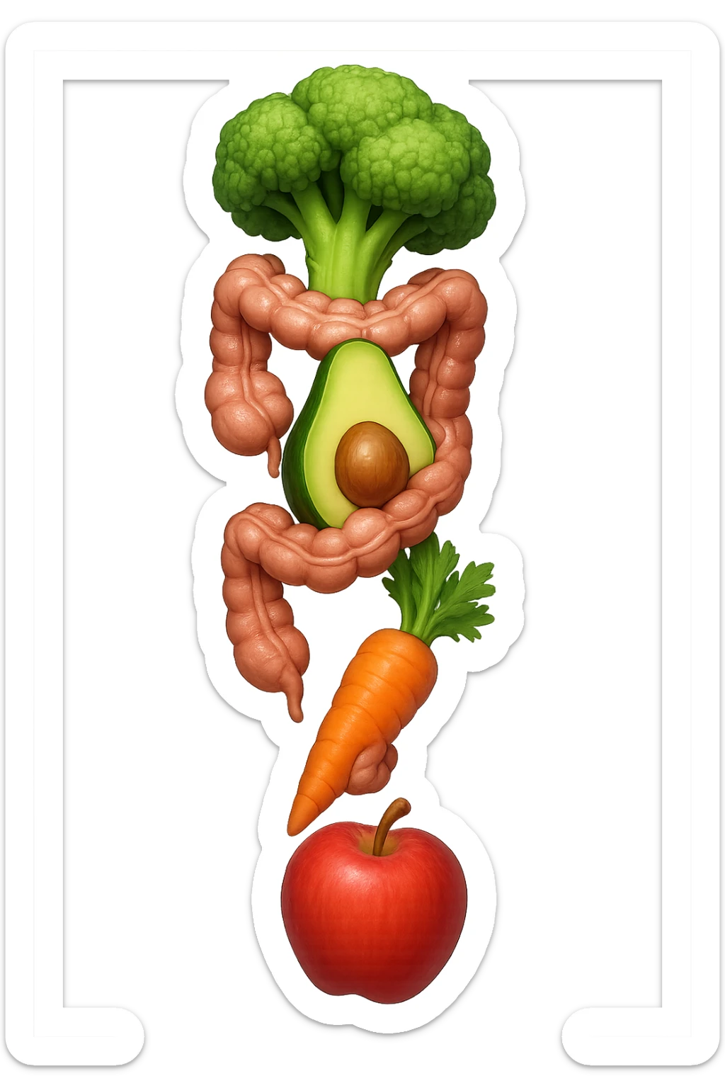 cibo sano fluttua in aria verticalmente stringendo piccoli colon umani, stile emoji iphone, iperrealistico 4k sticker