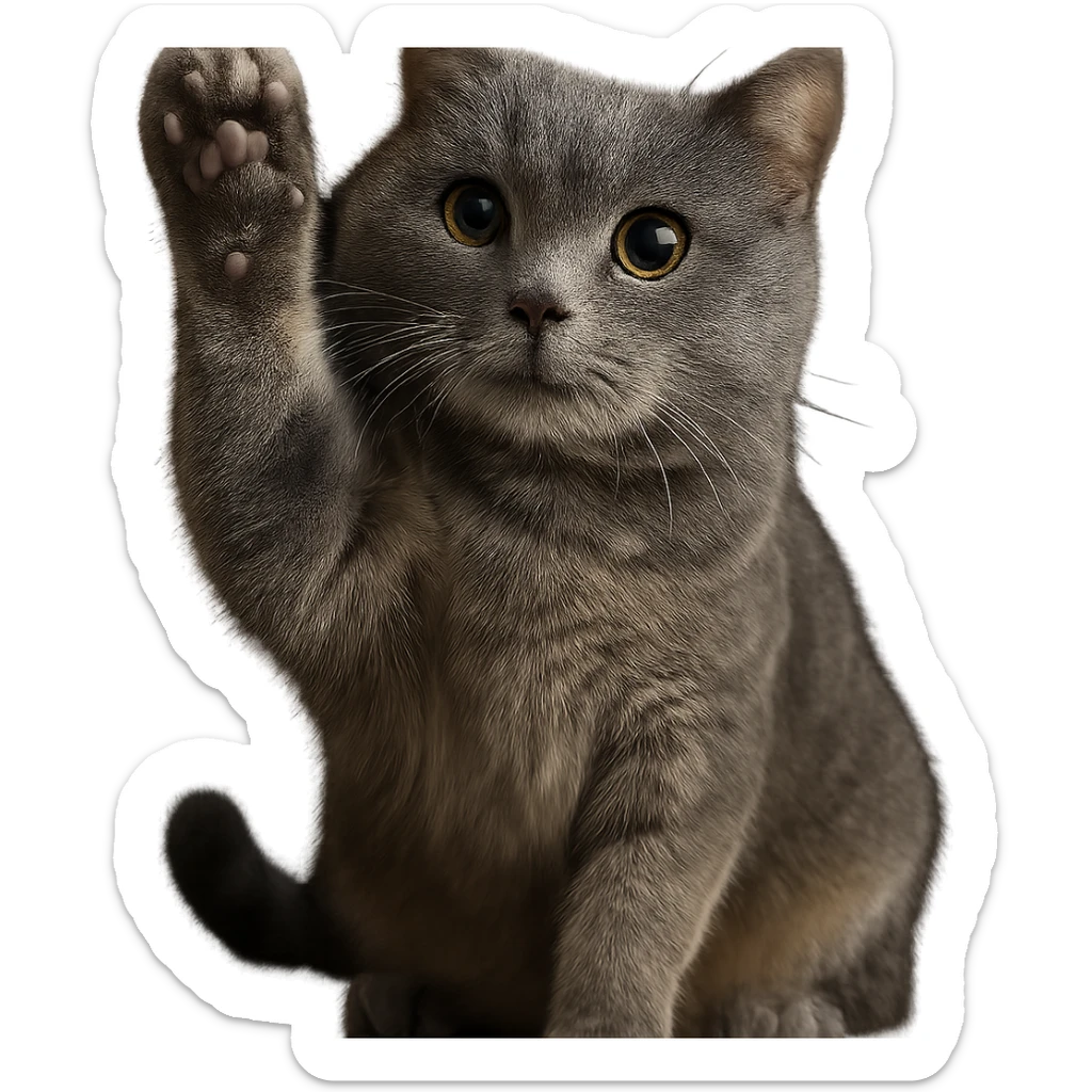Make this British Shorthair cat with a raised paw and sparkling eyes look more realistic, keep the pose and expression, no background, photorealistic style. sticker