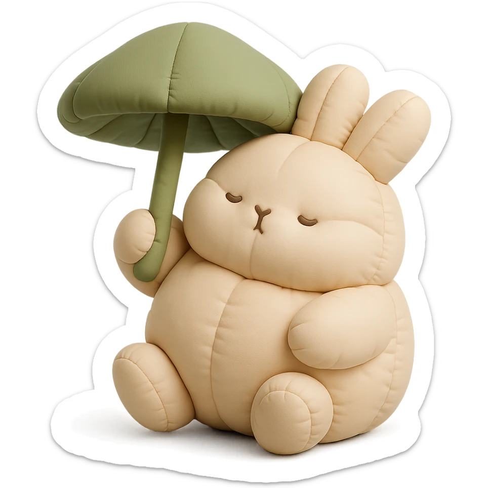 chubby bunny holding a mushroom umbrella, pastel beige and moss green, cushion style sticker