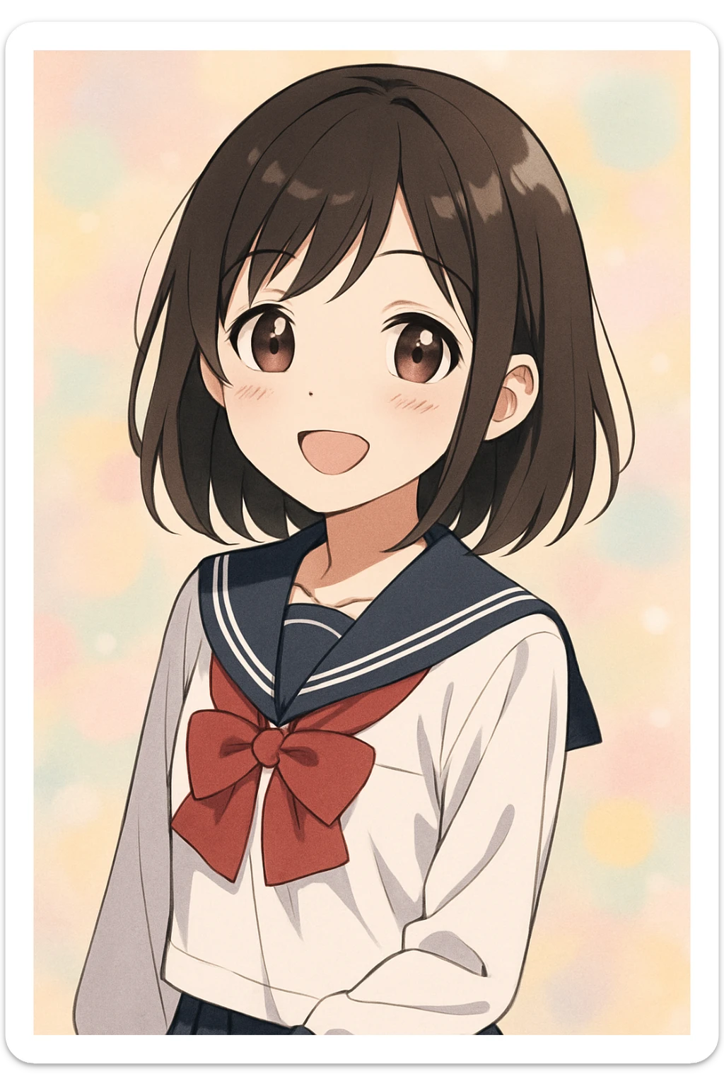 cute Japanese girl, anime style, school uniform, smiling, pastel background sticker