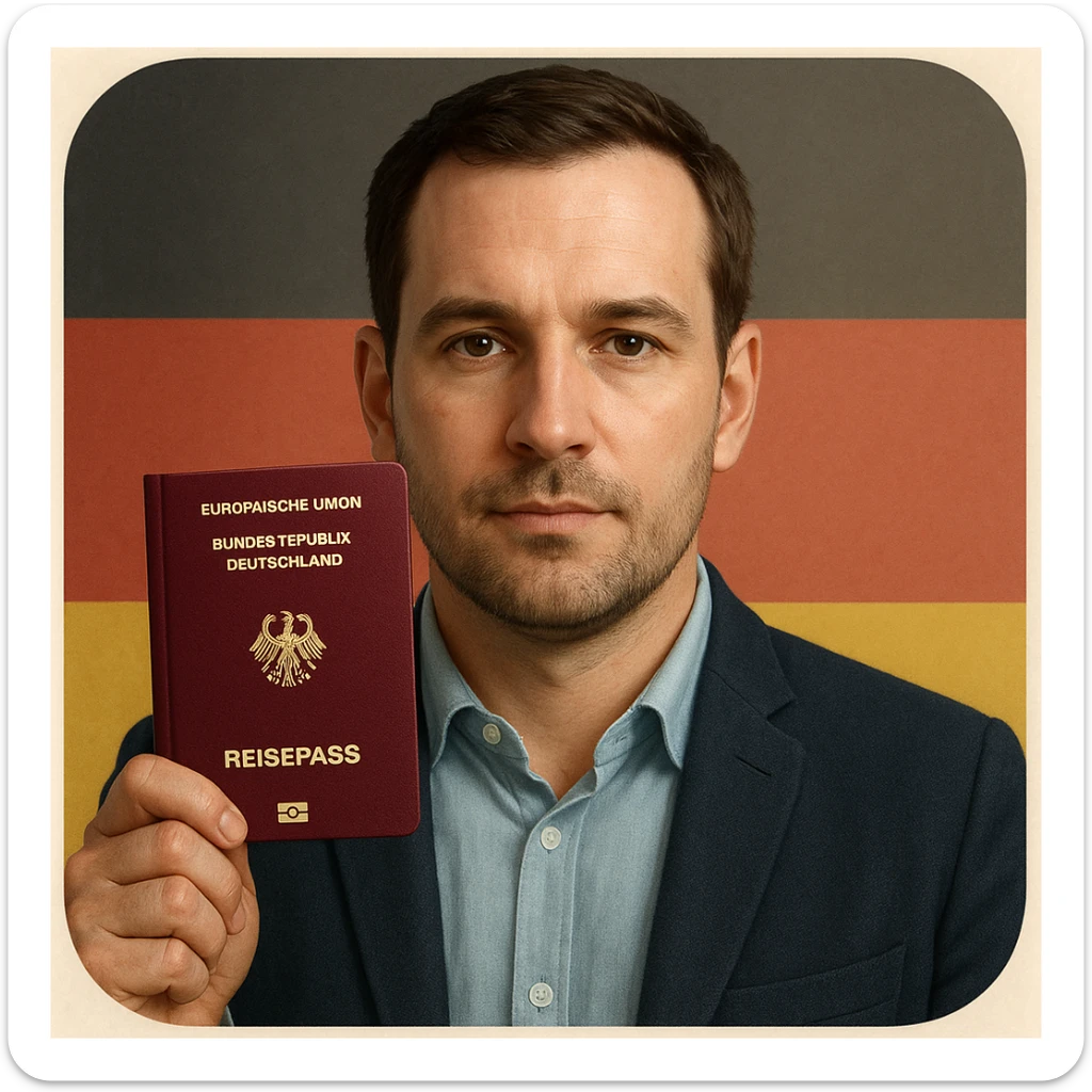 realistic style portrait of a serious but friendly person holding a German passport, with subtle German flag elements, suitable for a mobile app icon about permanent residency or citizenship in Germany sticker