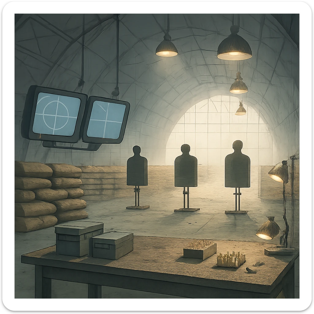 an indoor target range, inside a blimp hangar, monitor screens, sandbags, mechanical target stands with silhouette, overhead lights, blast marks on the floor, sandbags, firing range table set with ammo boxes, large work lamps, atmospheric perspective sticker