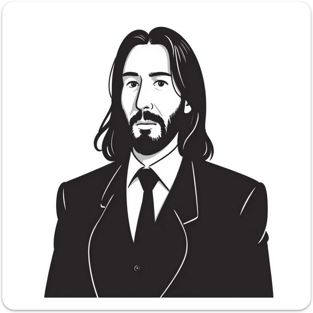 John Wick character in pencil sketch style, wearing a black suit with long dark hair and beard sticker