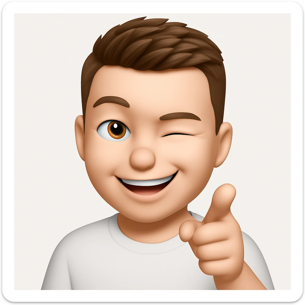 Based on these photos, make an emoji with facial features preserved, a man in a white T-shirt, winking, pointing forward sticker