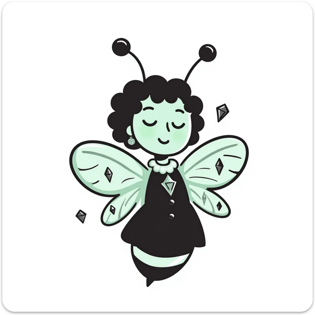 Mint green woman bee character with diamond decorations, rhinestone jewelry, and glittery sparkly details sticker