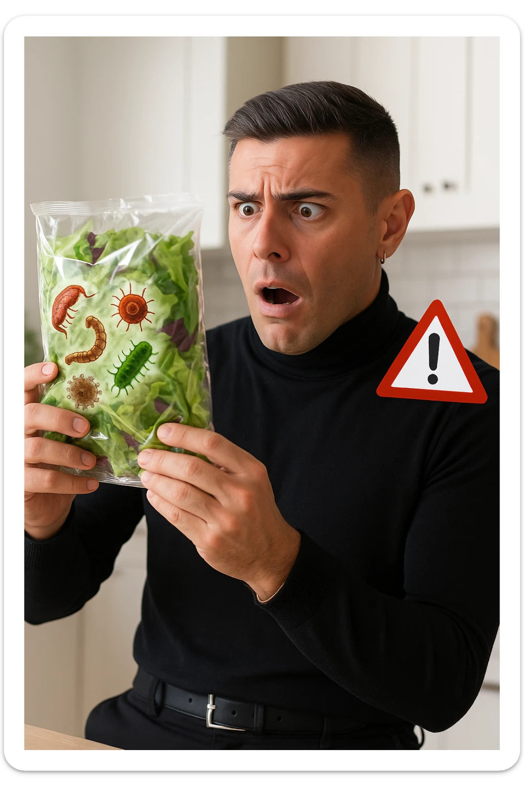 a man with a shocked expression holds a bag of salad greens up to the light. Through the clear plastic, enlarged and detailed images of various parasites and bacteria are visible among the leaves. A red warning triangle with an exclamation mark floats near the bag, emphasizing the health risk. The setting is a bright, everyday kitchen. sticker
