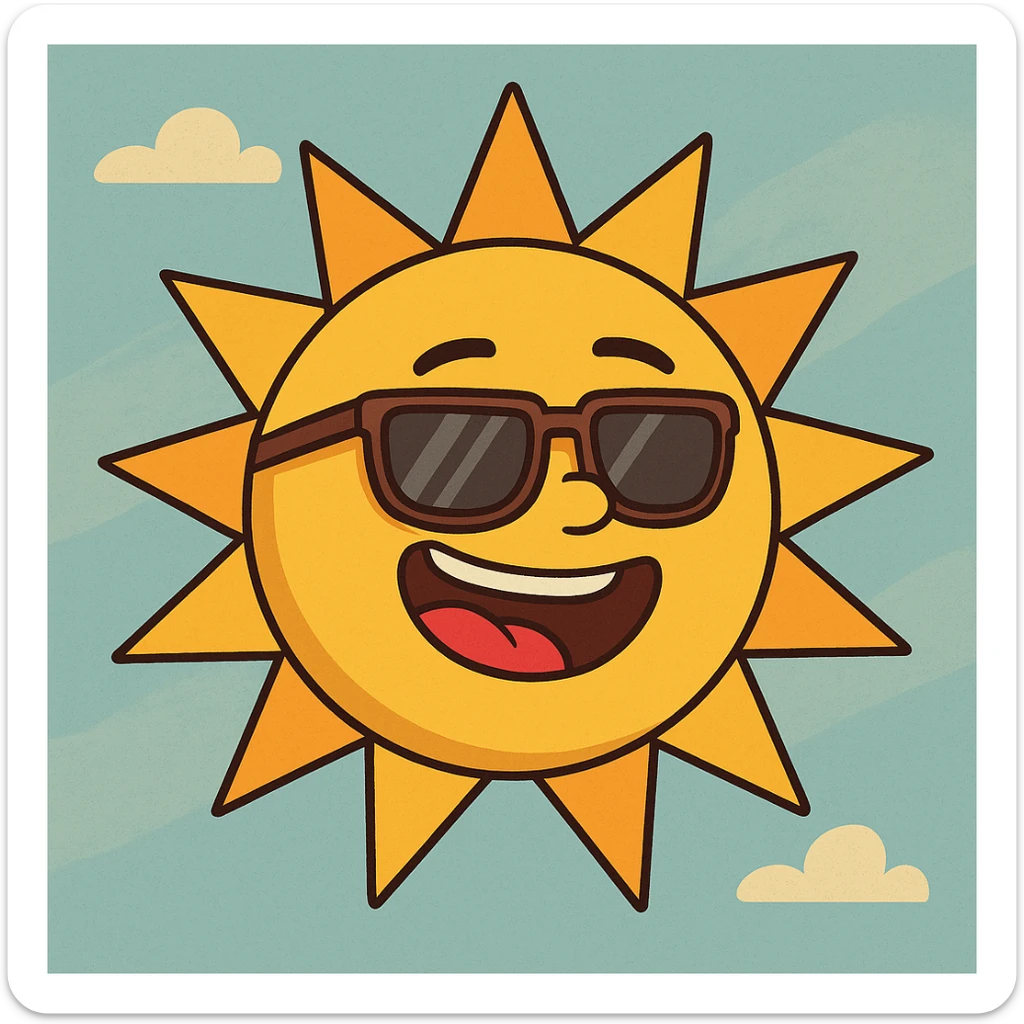 a cheerful sun with sunglasses, flat toon style, vibrant colors, playful and bright sticker