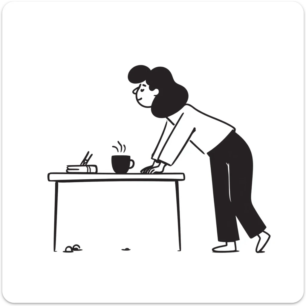 sketch of a person with sloping shoulders, hands up, sitting at an office desk, as if dodging responsibility sticker