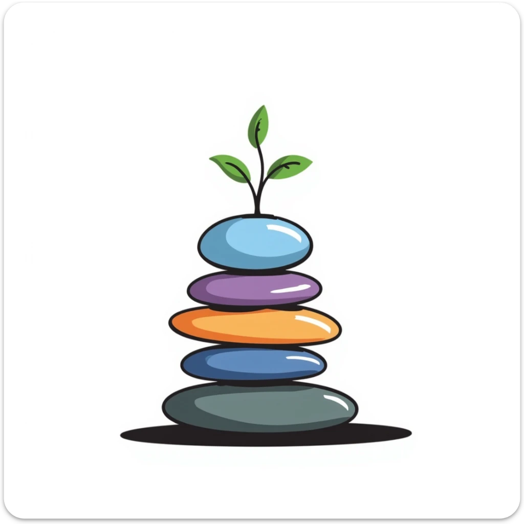 A zen-like balanced stack of colorful stones in blues, purples, and oranges with a small green plant growing beside it, representing balance and stress relief. Hand-drawn doodle style with vibrant colors. sticker