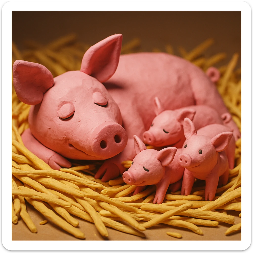 claymation style mother pig lying in straw with piglets around her, soft lighting, vibrant and cute sticker