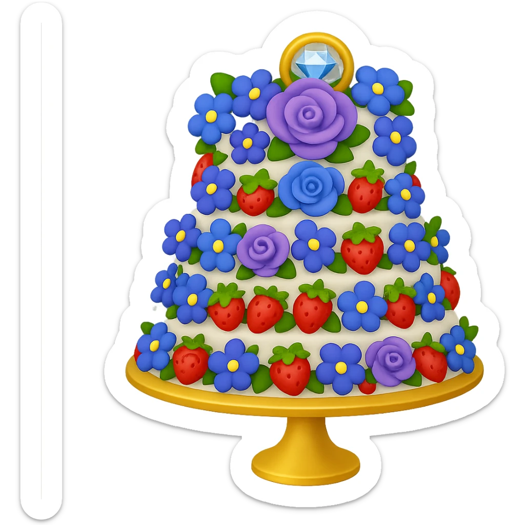 Replace the pink and white flowers with blue and purple flowers on the white wedding cake with strawberries and gold ring topper. The style should resemble emoji style with no background. sticker
