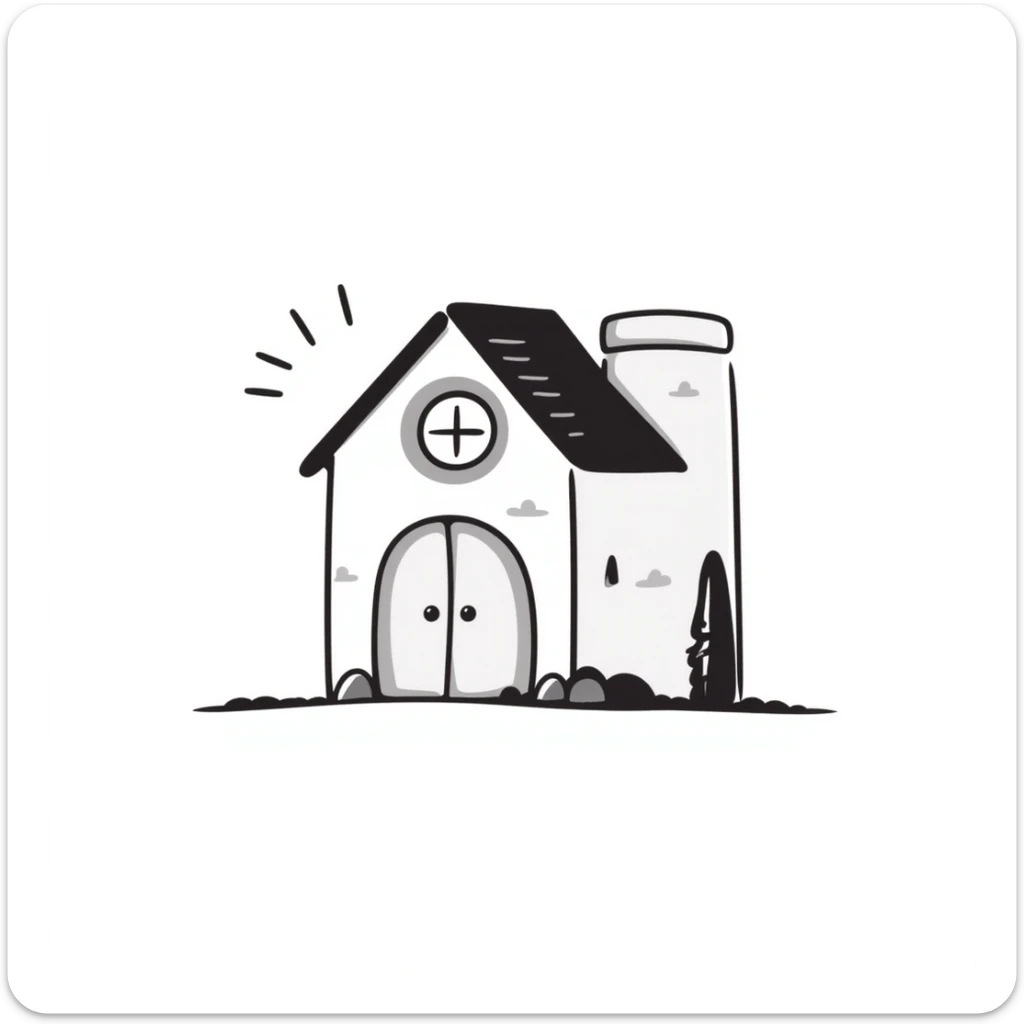 A cute small house/cottage with roof and windows in pastel colors (dd9fb0, ffc6d3, a3bfc9, c4bee2, f1b091), hand-drawn doodle style sticker
