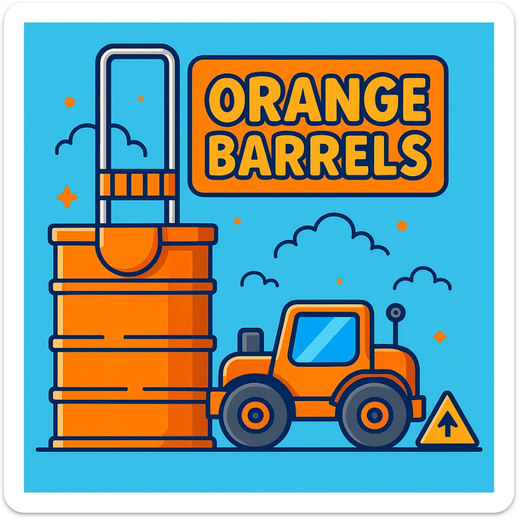 Add a sign next to the orange road construction barrel that says 'Orange Barrels' in a playful cartoon font. Keep the bright, fun background. sticker