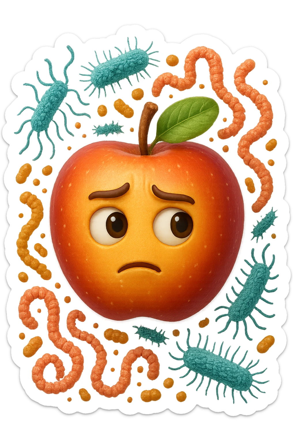 EMOJI STILE IPHONE DI una mela con espressione dubbiosa che intorno ha dei batteri intestinali, IPERREALISTICO 4K sticker