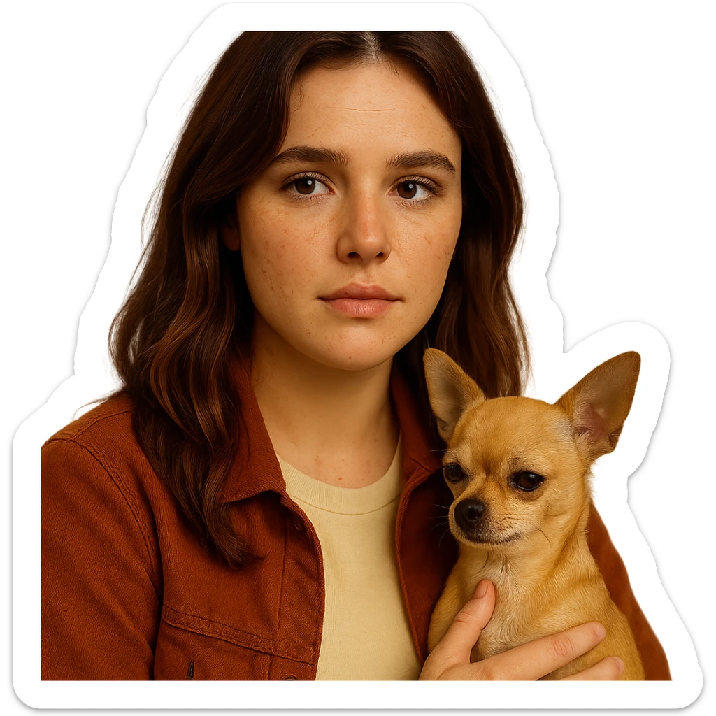 Portrait for Instagram profile inspired by the facial features visible in the reference images, with a tanned complexion, subtle freckles, wearing a shirt colored #FFF8CA and a rust-colored jacket, mid-length brown hair with auburn highlights, a pensive and gentle expression, holding a beige-brown chihuahua, in the style of a Netflix series, transparent background, intimate Tenerife ambiance. sticker
