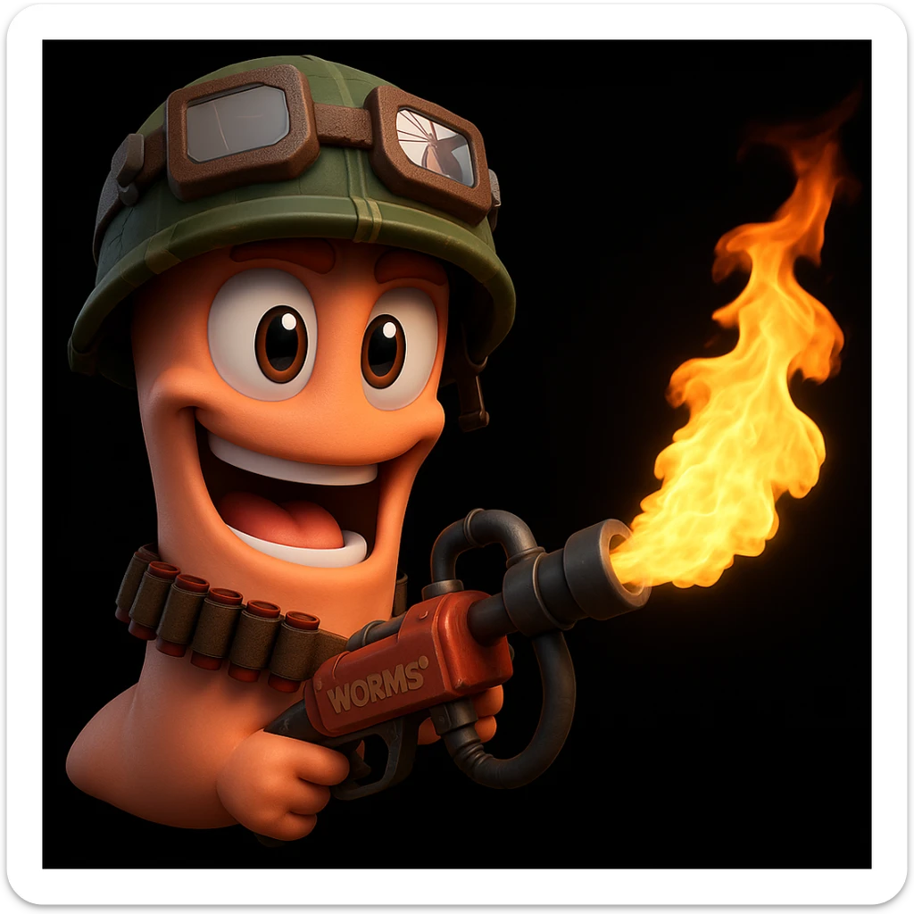 Create a 3D style image of the Worm from the Worms game wearing an army helmet and holding a flamethrower instead of the current weapon. Keep the same lighting and shading style as the reference image. sticker
