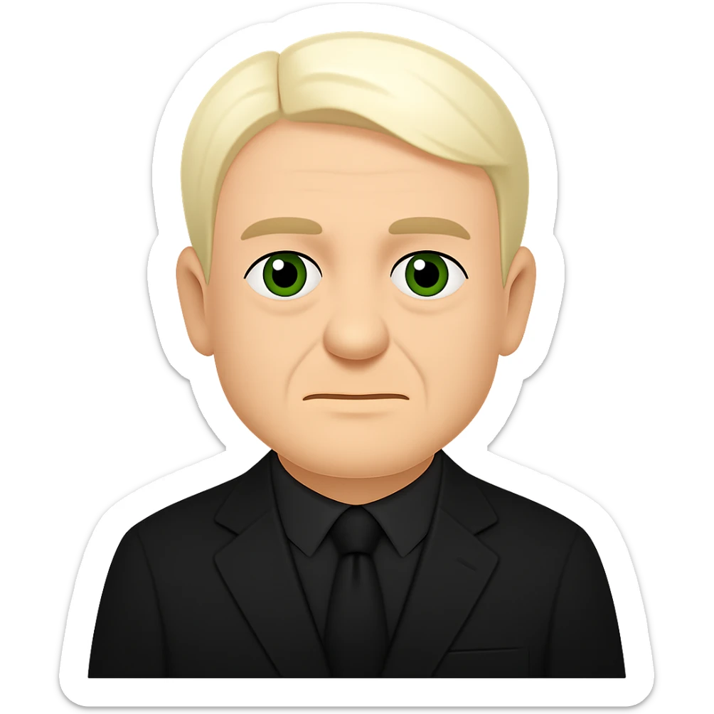 Create an emoji style image of Draco Malfoy at 50 years old, wearing a black suit. Keep the background transparent. The style should resemble classic emoji aesthetics with clear, simple features and vibrant colors. sticker