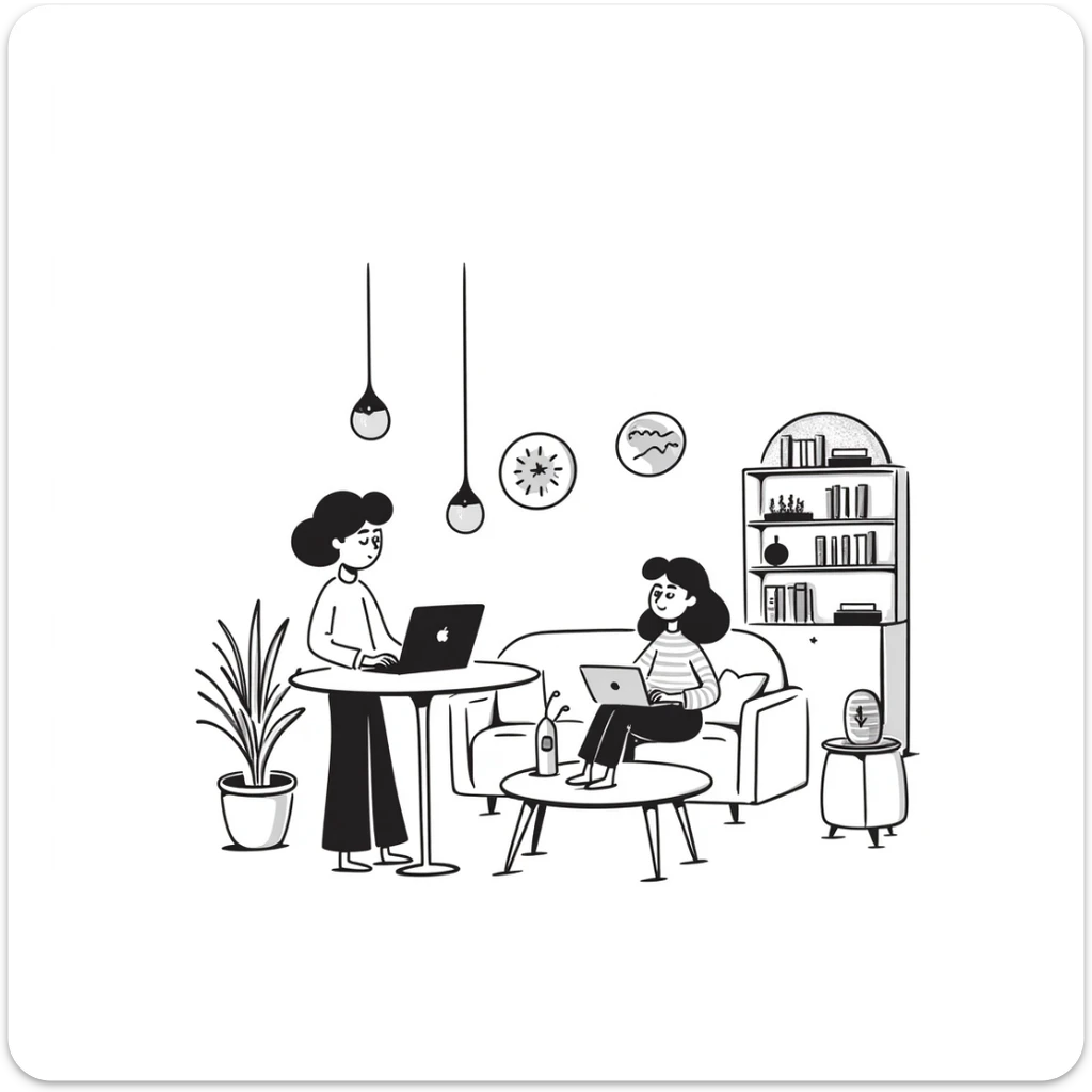 escenary 3d of a cozy mid-century living room with two people working on laptops, one man standing at a desk, and one woman sitting on a couch sticker