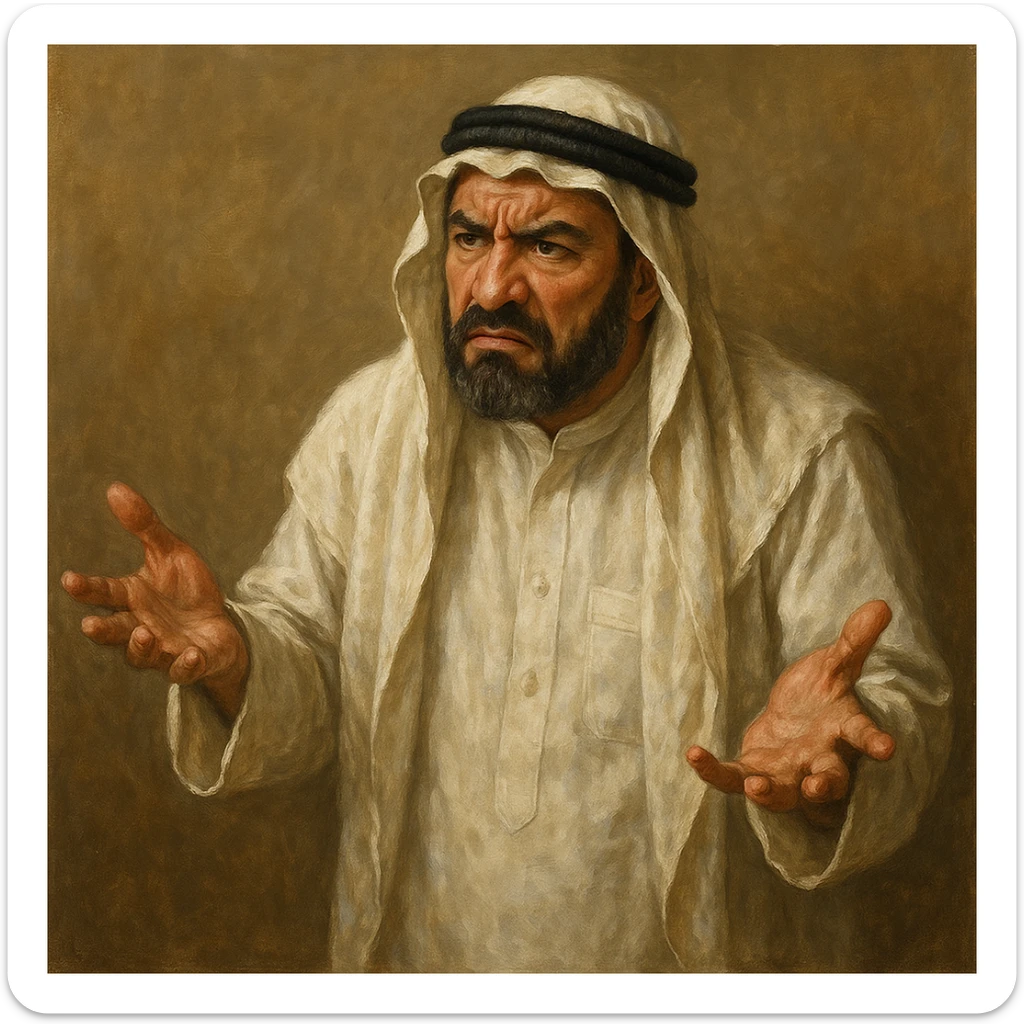 Сгенерируй араба в национальном  костюме, он чуть недоволен и размахивает руками, в стиле реалистичной живописи. . На однородном фоне sticker
