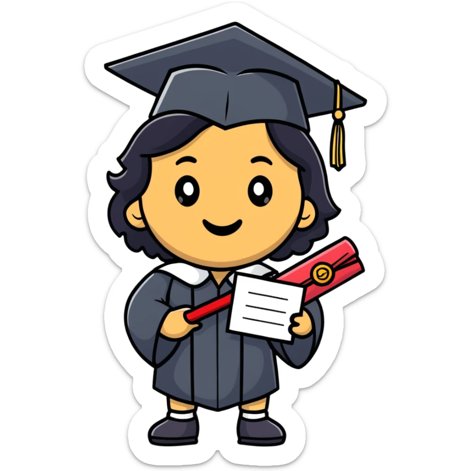 happy olive-skinned graduate with long wavy black hair wearing graduation cap and holding diploma sticker