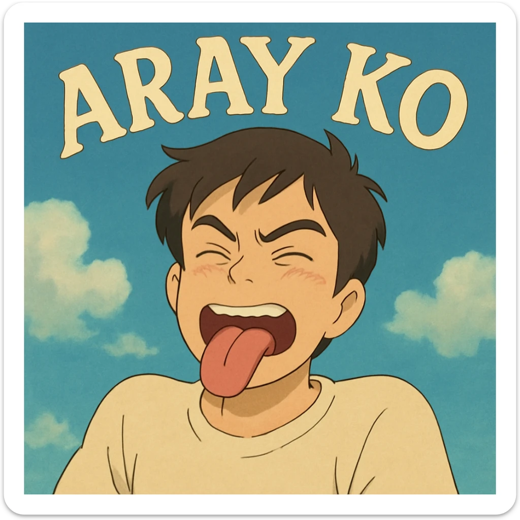 a guy with his tongue out and the words 'aray ko' in ghibli style sticker