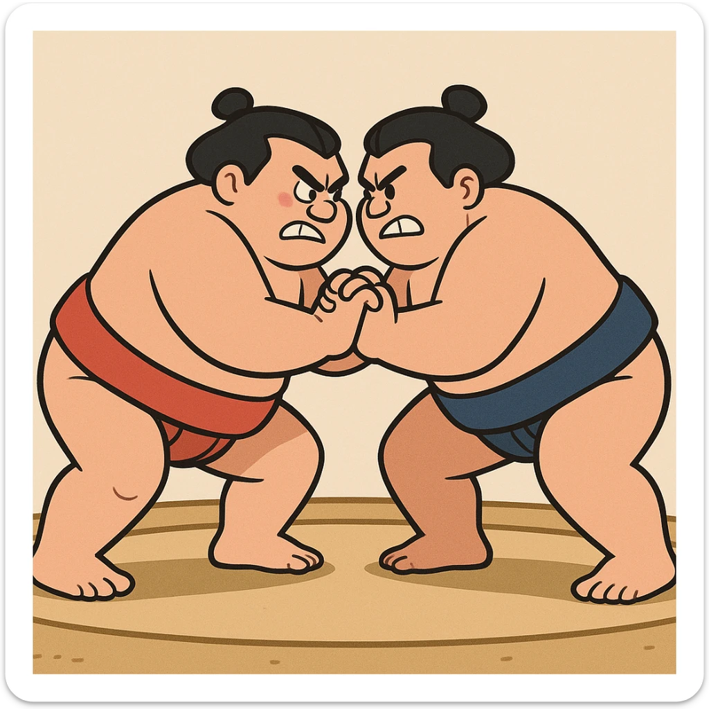 two sumo wrestlers clashing, powerful stance, bold outlines, playful style, cartoon style sticker