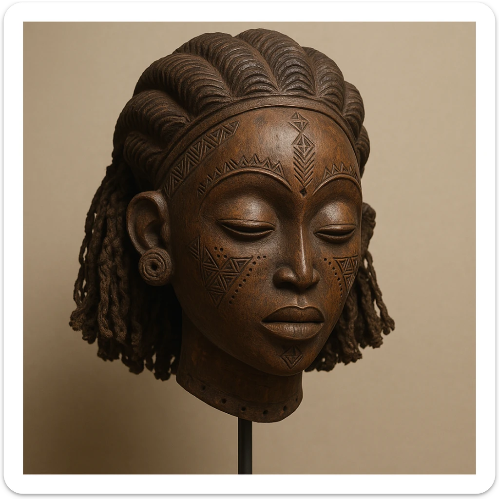 Mwana Pwo mask, Angolan Cokwe culture, stylized wooden mask, delicate features, geometric tribal designs, museum artifact, simple background sticker