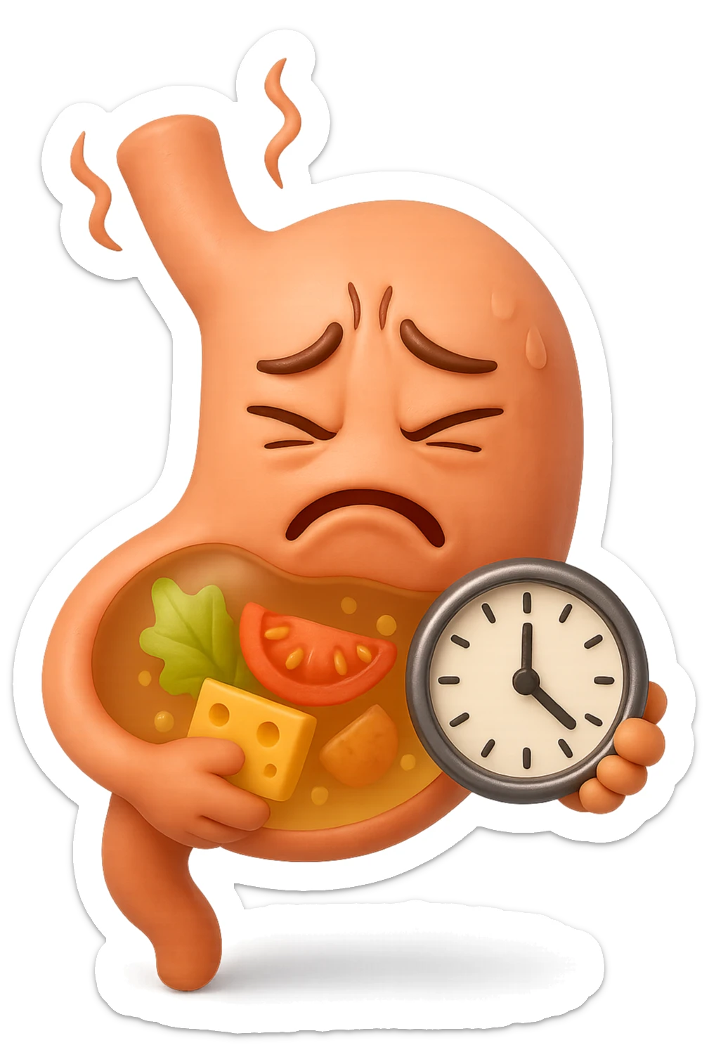 EMOJI STILE IPHONE 3D DI UNo stomaco umano con espressione dolornate, ha del cibo visibile dentro che non sta digerendo. in mano tiene un orologio da muro, iperrealistico 4k sticker