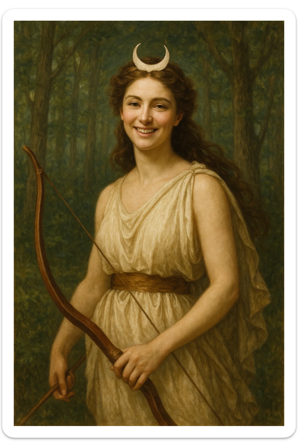 Happy Diana, Roman goddess, in a forest, holding a bow, crescent moon tiara, smiling, mythological and elegant sticker