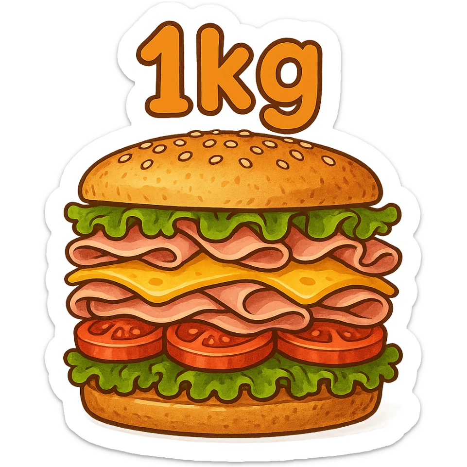 giant sandwich with '1kg' written in a playful, bouncy font sticker